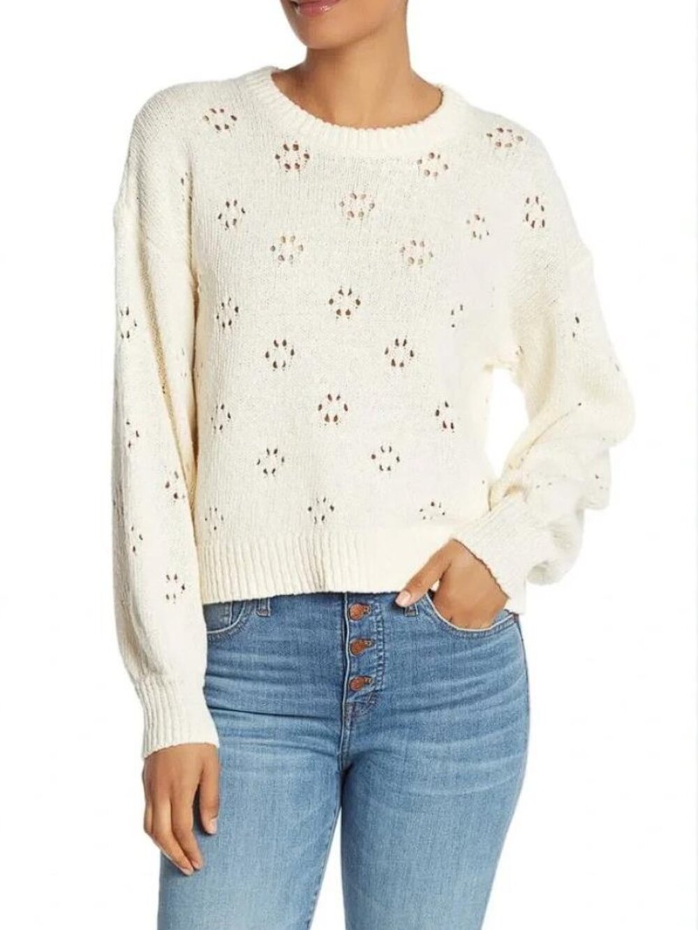 MADEWELL Women's Floral Pointelle Pullover Sweater Size S In Bright Ivory